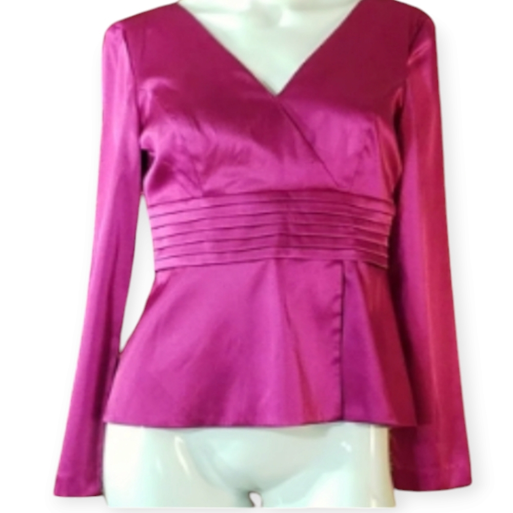 CACHE Long Sleeve Satin Surplice Blouse Evening Dressy XS Barbie‎ Pink